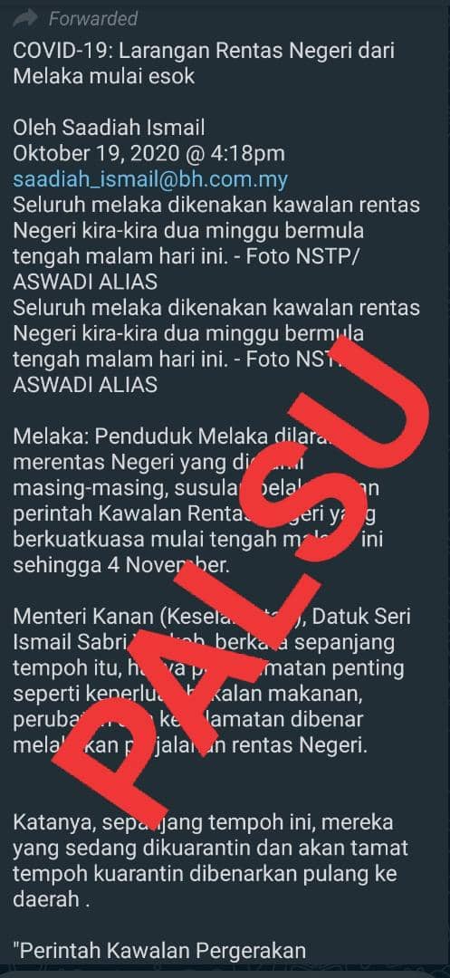 Tiada larangan rentas negeri Melaka