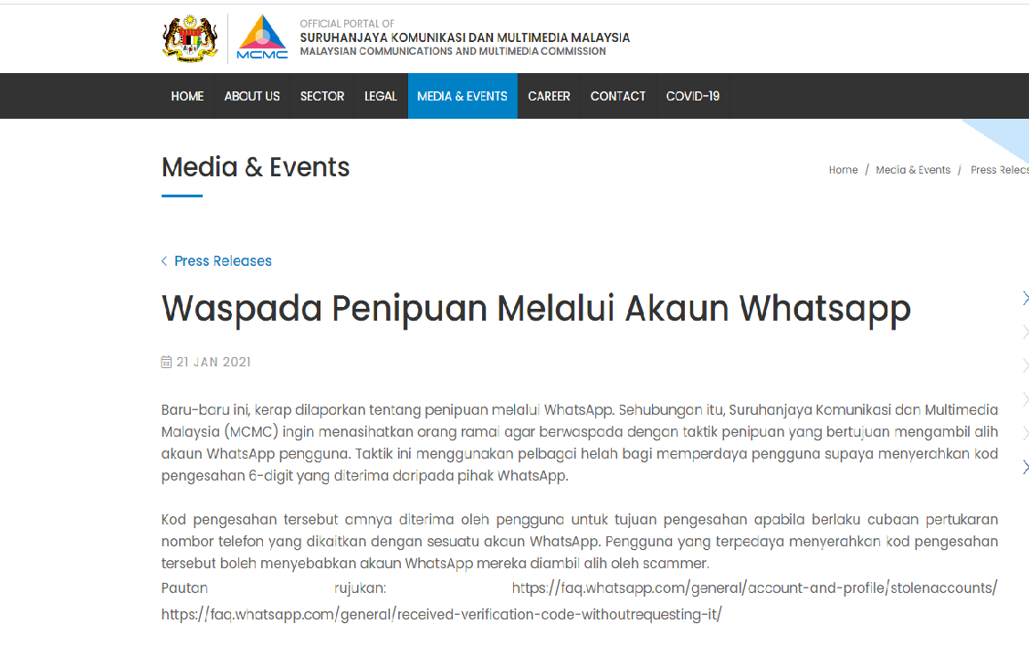 Waspada penipuan melalui akaun WhatsApp