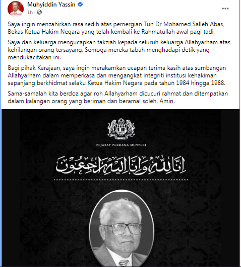 Muhyiddin sanjung jasa Tun Salleh Abas perkasa institusi kehakiman negara