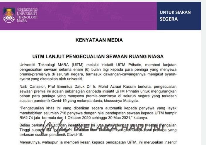 Prihatin peniaga, UiTM lanjut pengecualian sewa premis enam bulan lagi