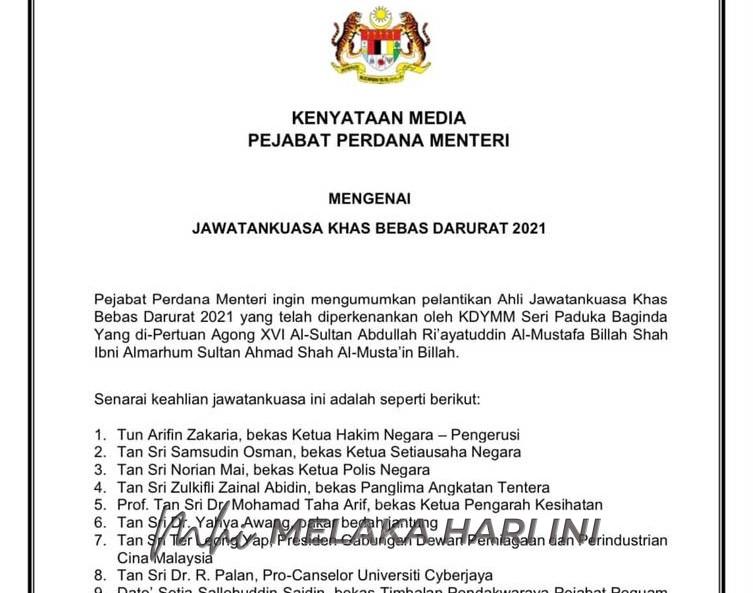 19 individu dilantik anggotai Jawatankuasa Khas Bebas Darurat 2021