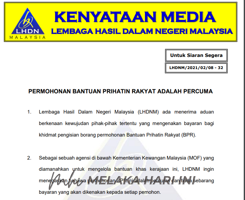 Permohonan Bantuan Prihatin Rakyat adalah percuma: LHDN