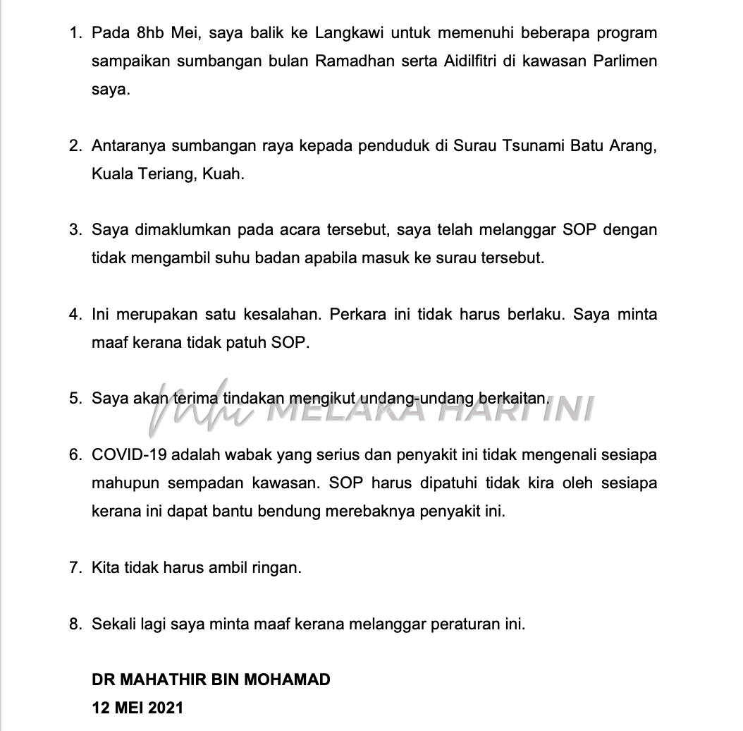 Dr Mahathir mohon maaf tidak patuh SOP, sedia terima tindakan