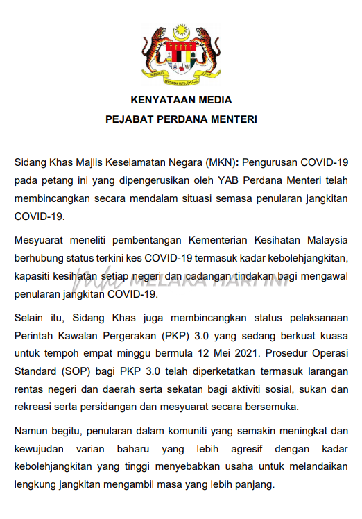 Tiada ‘lockdown’, PKP 3.0 diperketatkan – Pejabat Perdana Menteri