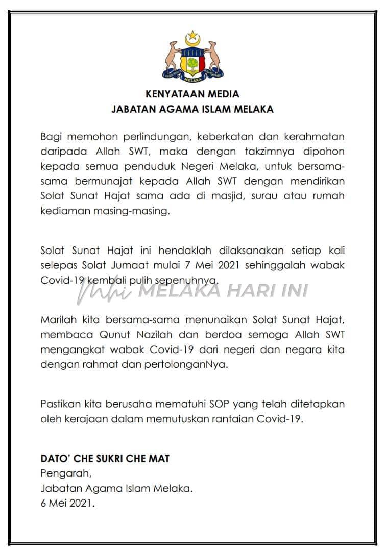 Masjid, surau, rumah di Melaka diminta adakan solat hajat – JAIM
