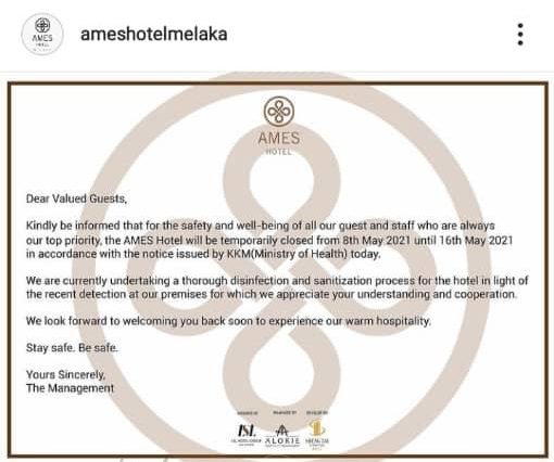 COVID-19: Hotel Ames dan Hotel MetraSquare Ayer Keroh tutup 9 hari