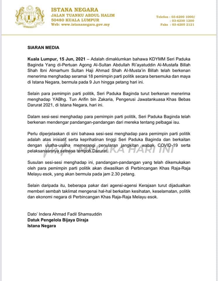 Raja-Raja Melayu bincang pandangan pemimpin politik hari ini.