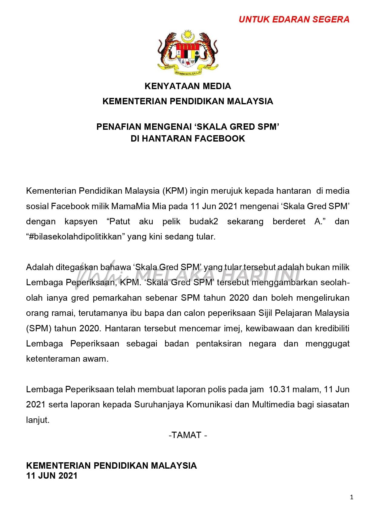 KPM nafi skala gred SPM tular milik Lembaga Peperiksaan