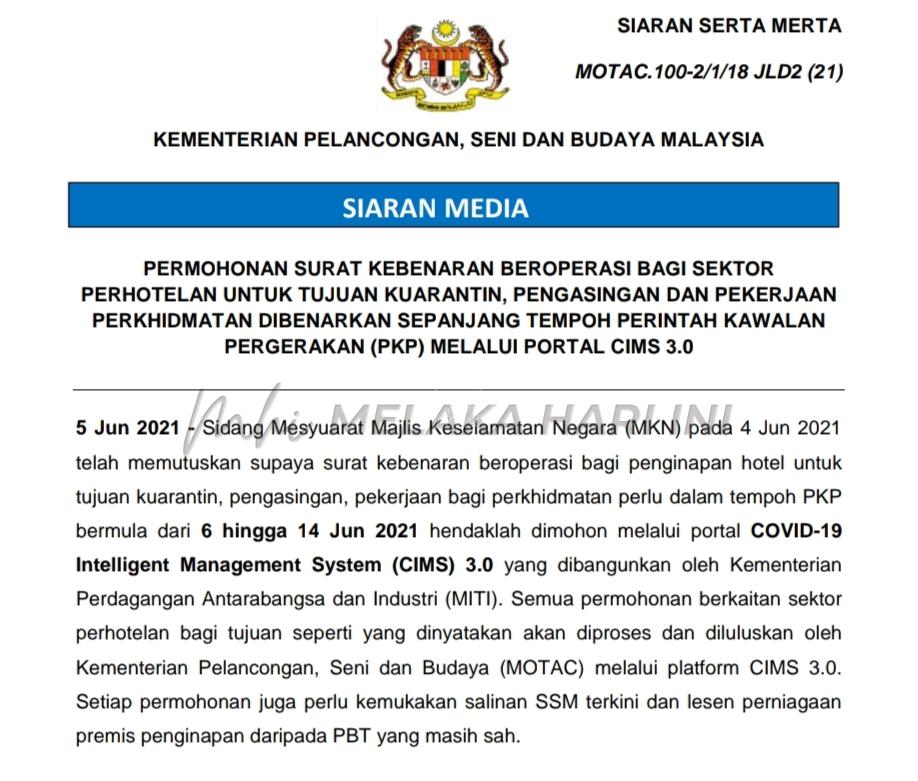 Operasi pusat kuarantin hotel perlu mohon kebenaran operasi menerusi CIMS 3.0