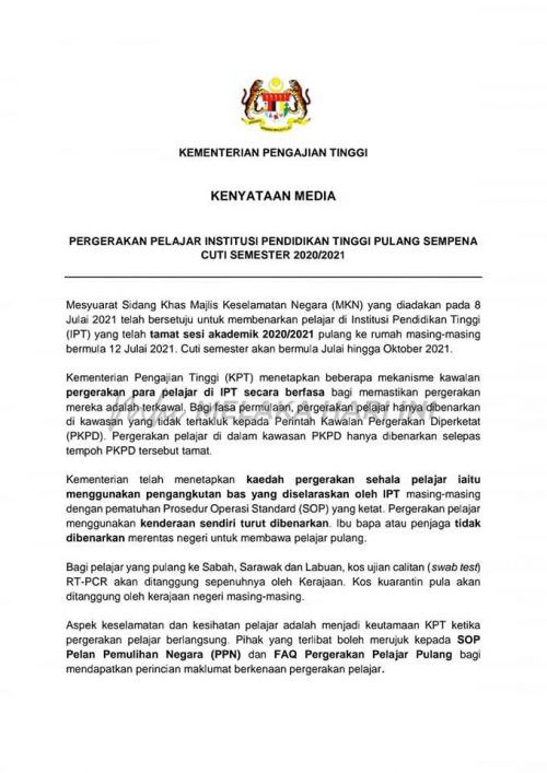 Pelajar IPT dibenar pulang sempena cuti semester mulai 12 Julai