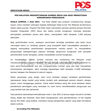 Optimum kos dan sumber, punca kontrak Pos Rider ditamatkan