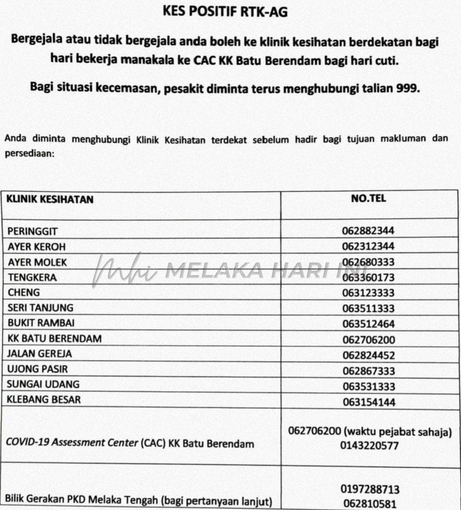 Boleh terus ke klinik kesihatan jika positif COVID-19 di Melaka Tengah