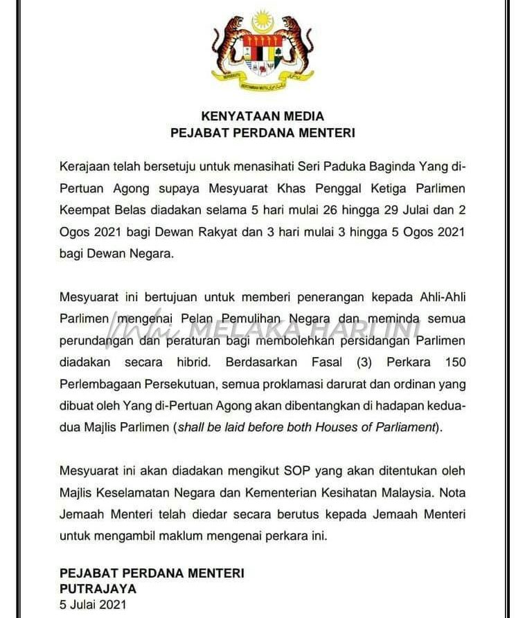 Sidang khas Dewan Rakyat lima hari mulai 26 Julai