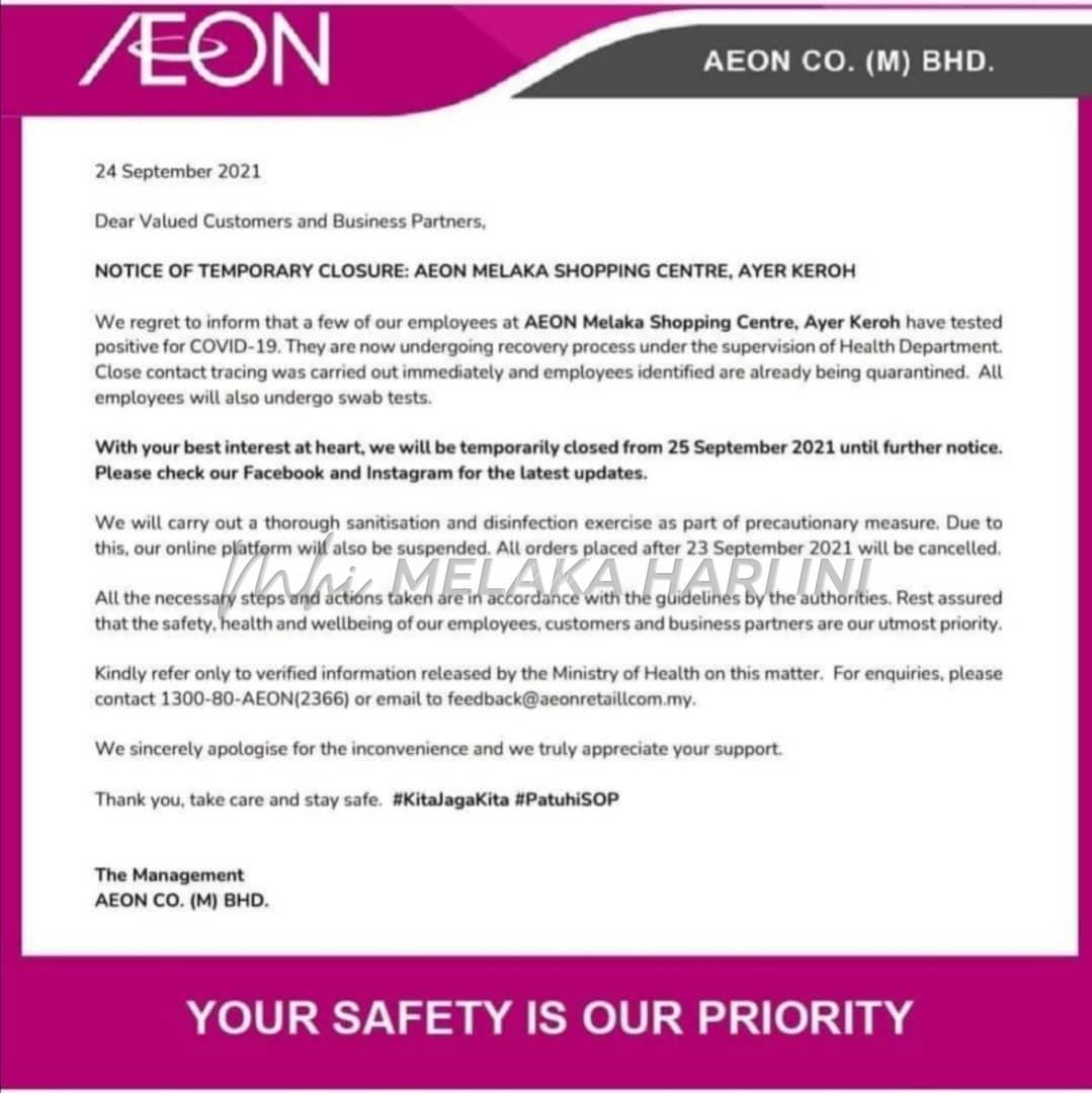 AEON Ayer Keroh tutup sementara bermula esok