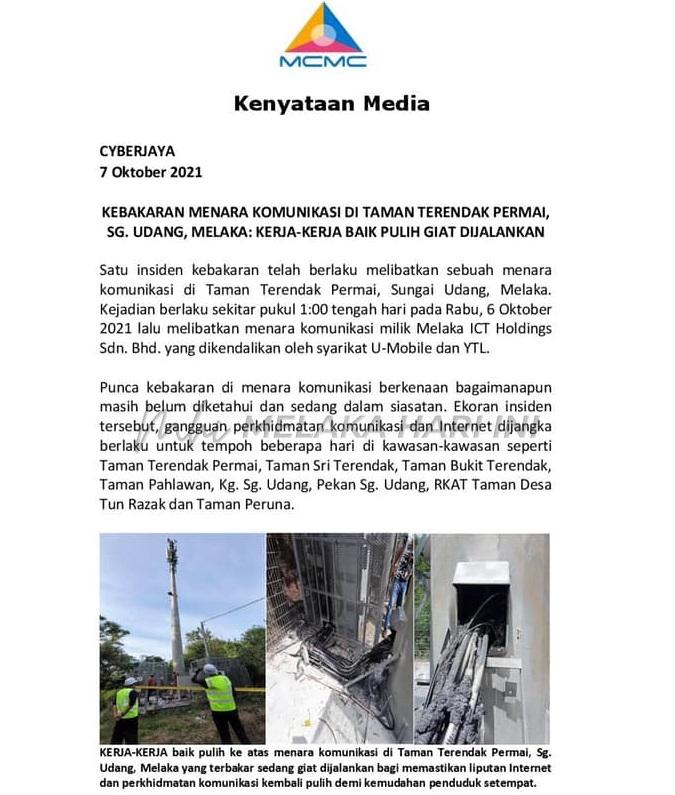 Menara komunikasi terbakar: Gangguan telekomunikasi di sekitar Sungai Udang
