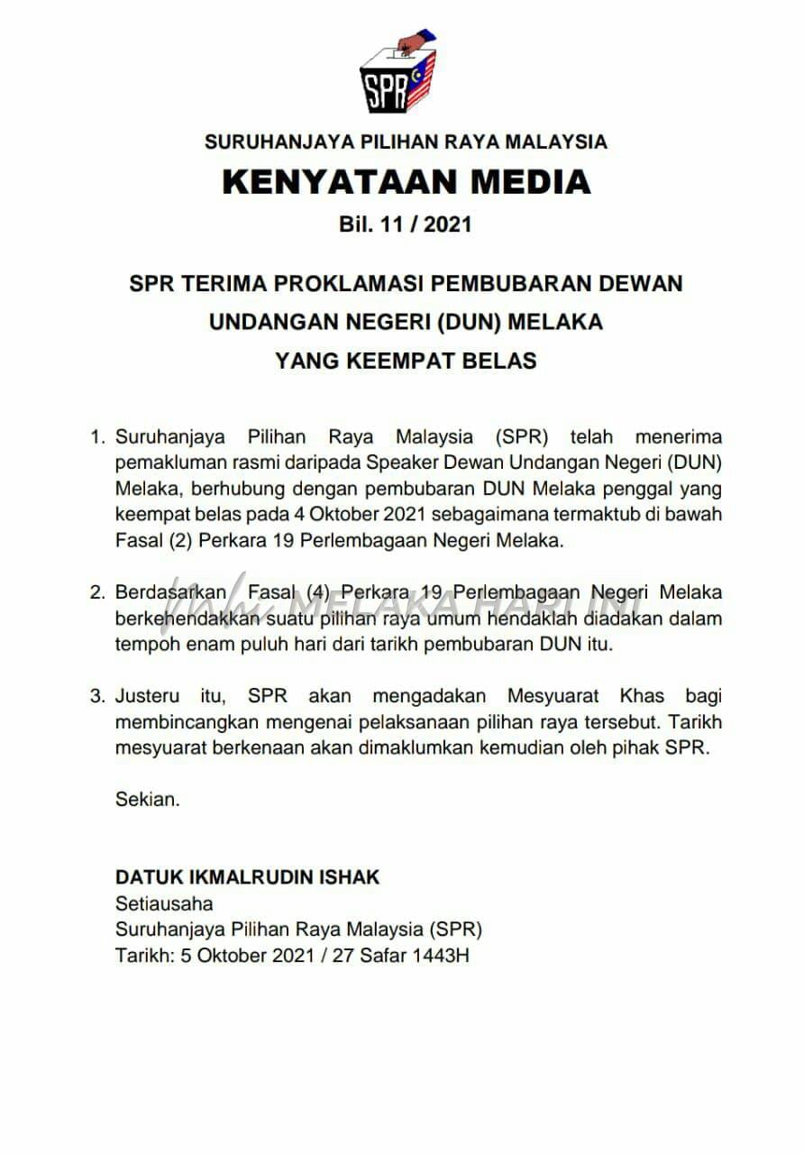 SPR terima notis rasmi pembubaran DUN Melaka