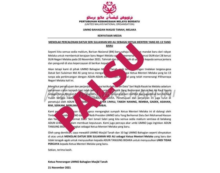 UMNO Bahagian Masjid Tanah nafi kenyataan tular tolak Sulaiman