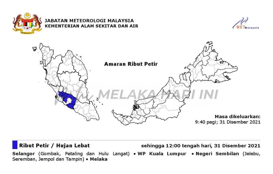 Ribut petir landa Melaka, beberapa negeri pagi ini