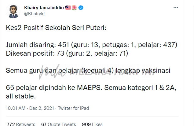 COVID-19: 73 positif, 451 disaring di Sekolah Seri Puteri