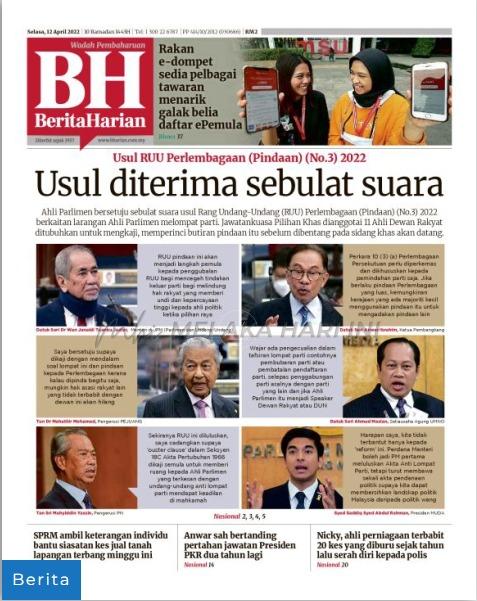 TAJUK UTAMA AKHBAR: 12 APRIL 2022