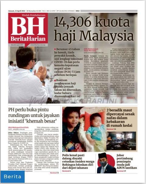 Tajuk-Tajuk Utama Akhbar: Jumaat 22 April 2022