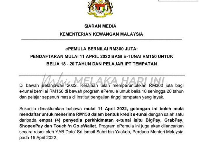 ePEMULA: E-tunai RM150 bagi 18-20 tahun boleh daftar mulai esok