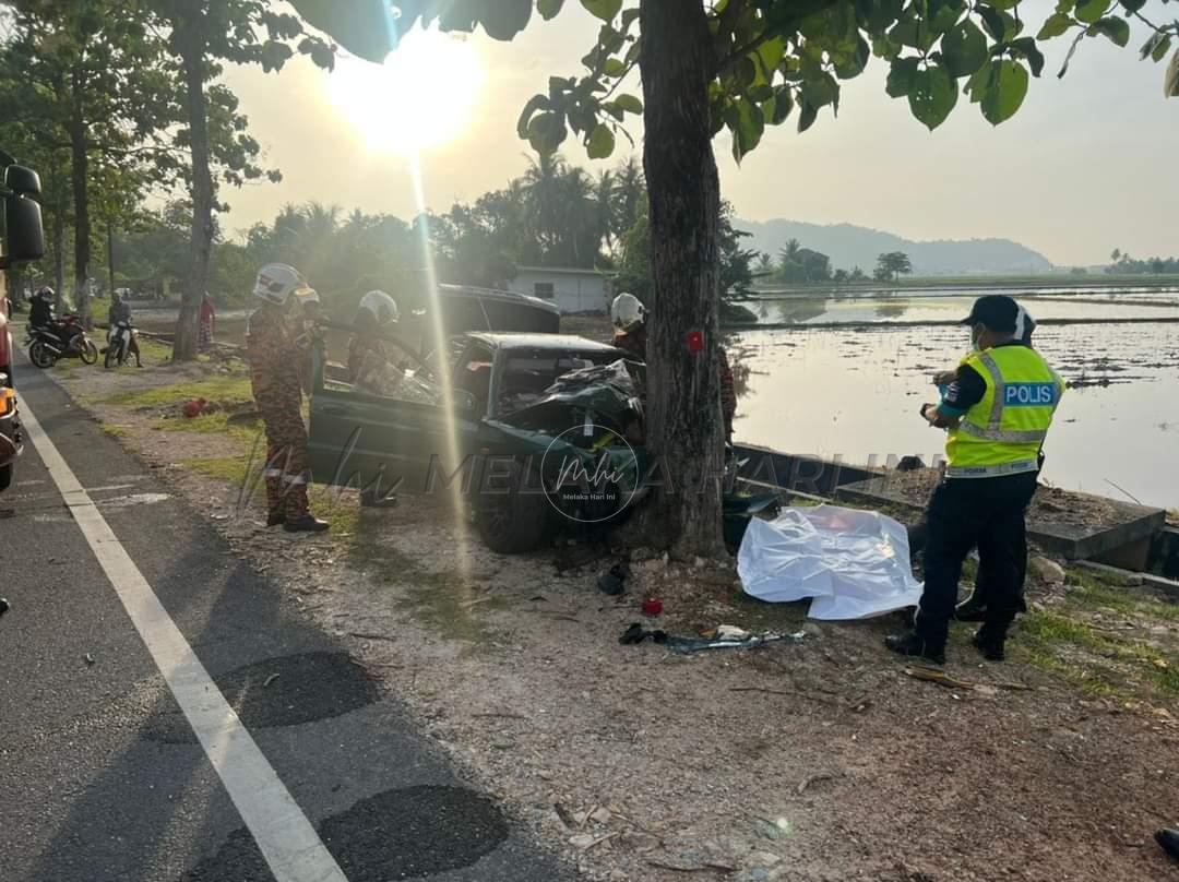 Wanita maut, suami dan anak cedera, kereta terbabas langgar pokok