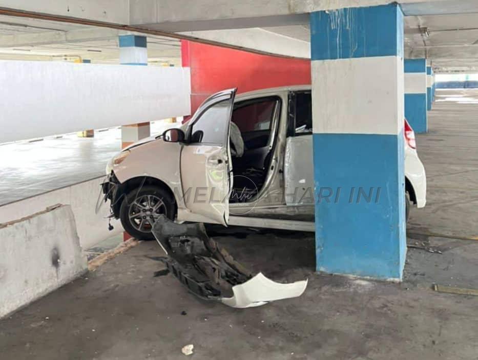 Myvi langgar tembok, wanita cedera terkena serpihan batu