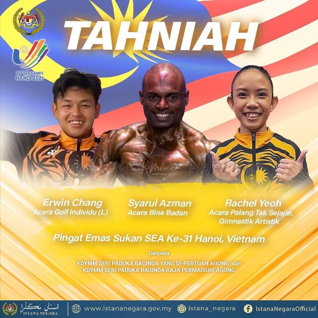 Agong, permaisuri ucap tahniah kepada Ervin, Mohd Syarul dan Rachel