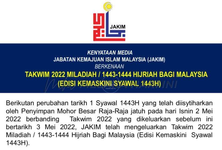 JAKIM kemas kini takwim 2022 Miladiah/1443-1444H