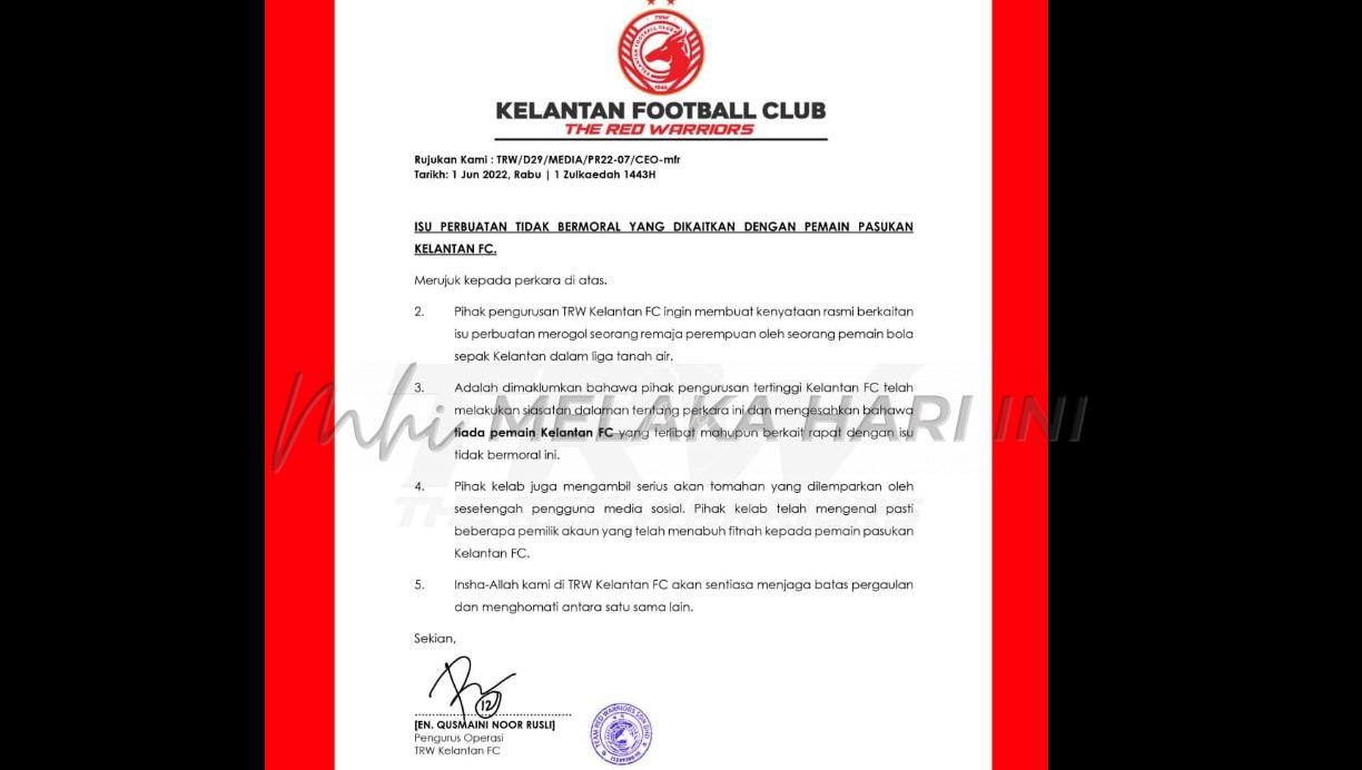 Suspek rogol remaja bukan pemain Kelantan FC