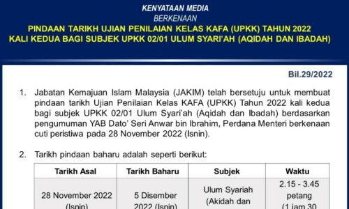 UPKK 2022: Tarikh subjek Ulum Syari’ah dipinda ke 5 Dis